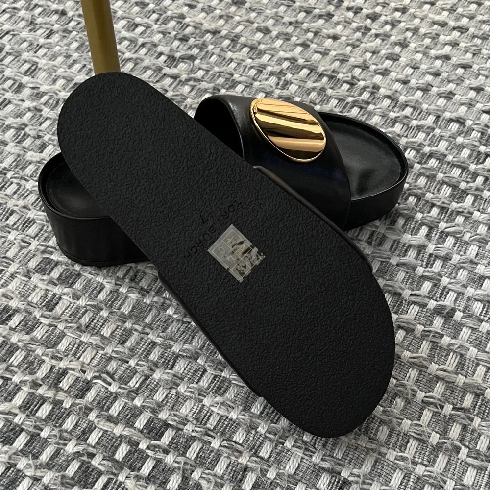 Tory Burch Black Slide Sandals with Gold Medallion Accent